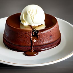 A warm, decadent chocolate cake with a gooey molten center, served with vanilla ice cream.